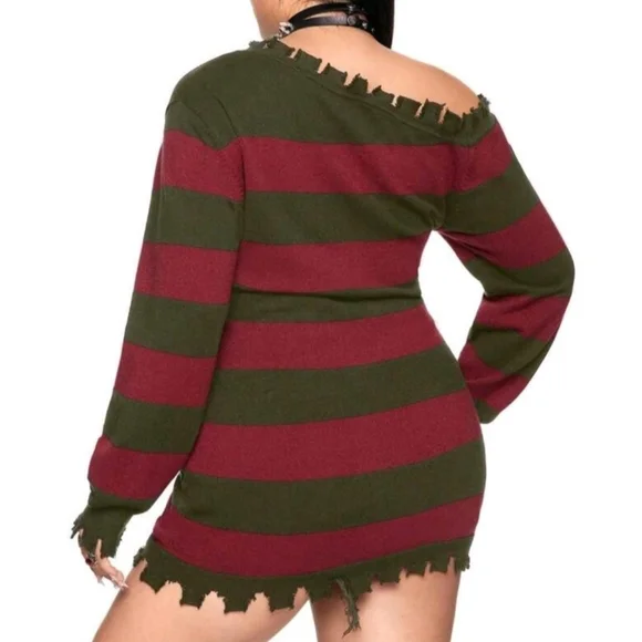 NWT Striped Off-Shoulder Freddy Krueger Inspired Striped Sweater Dress 🖤 - Picture 4 of 9